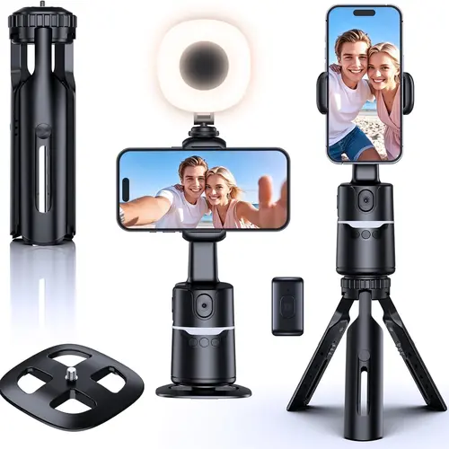 UBeesize Compact Bluetooth Mobile Phone Mount & Selfie Tripod - Adjustable 360° Auto Face Tracking, Gesture Control, No App Needed, Built-in Light, Remote, Portable Desk Stand for Content Creators