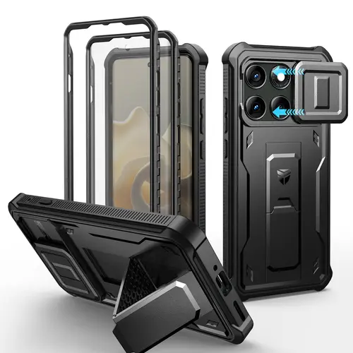 Dexnor Heavy-Duty Shockproof Polycarbonate Casing for Motorola Moto Edge 2025 6.7in Smartphone - 2 Front Frames, Smooth Built-in Magnetic Slide Camera Cover, Kickstand, Handheld Screen Protector, Landscape View Support, Foldable Protection Accessories