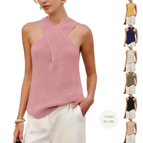 Yeokou Women's Halter Cross-Over Collar Sleeveless Knit Tank Top - Stretchy, Soft, Fitted, Solid Color, Minimalist Basic, Breathable Fabric, Casual Summer Top, Machine Wash, Imported