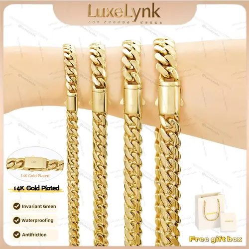 14K gold-plated Cuban necklace/bracelet | The latest electroplating gold-plating process for rust prevention| Miami hip-hop style fashion items| The best gift for men and women| Couples' style| 6mm/8mm/10mm/12mm/14mm Valentine's Day gift