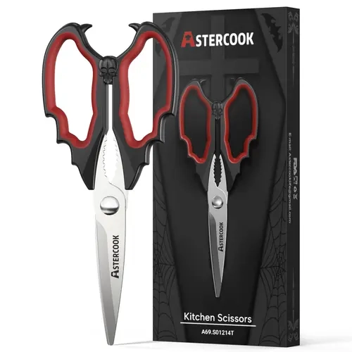 AsterCook Vampire Shape Kitchen Shears - Ultra-Sharp Stainless Steel Cutter Utensils, Ambidextrous Ergonomic Thick-Bladed Gothic Cutting Tool, Crafted for Everyday Use & Prep Work