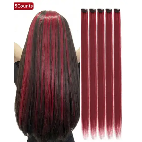 Women’s Halloween Wine Red Highlighted Decorative Clip-in Synthetic Extensions & Pieces, 5-Count 20in Heat-Resistant Synthetic Fiber Hairpieces for Christmas Party Cosplay Gift, Hair Extensions