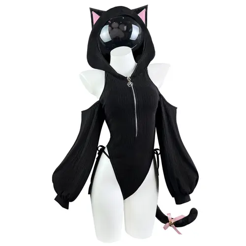 KORURACLUB Women's Cat Hoodie Bodysuit Off Shoulder Long Sleeve Ribbed Romper with Zipper, Cute Clothes for Women, Costume with Tail Detail Cute Tail Completes Look, Y2K Black Outfit,sohochic