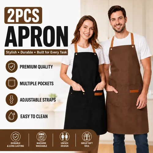 Industrial Cotton Twill Blend Aprons (2-Piece Combo, Black + Brown) - Protective, Full Coverage, Adjustable, Breathable, Stain-Resistant, Machine-Washable, Includes Pockets, for Kitchen Work, Everyday Use, Year-Round