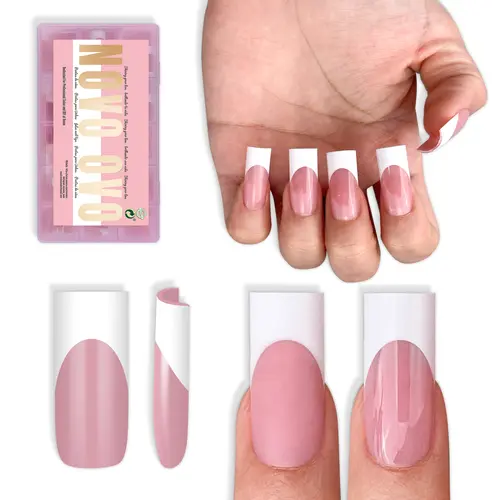 NOVO OVO Press on Fake Nails Kit, Medium Sharp Square White French Tip Berry Pink Soft Gel Full Cover Nail Extensions, Extra Thick, 15 Sizes 180 Pcs for Salon DIY (Requires Top Coat; Excludes Light, Glue, Builder Gel), Press On Nails,sohochic