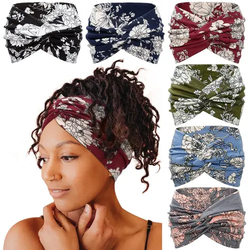 Cubidupi Women's 6-Pack Boho Wide Band Athletic Headbands - Stretchy Breathable Mesh, Gym-Run Workout Stability, Yoga Hair Control, Adults' Hair Styling Accessories, One Size Headbands for Women (Workout Sets Compatible)