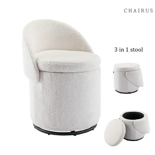CHAIRUS 3 In 1 Sherpa Soft Seat Ottoman Stool - 360° Swivel Ease, Foldable Backrest, Footstool with Storage, Hidden Storage Lid, 16.5" w x 16.5" d x 17.5" h, Modern Cylindrical Vanity Stool for Living Room Bedroom