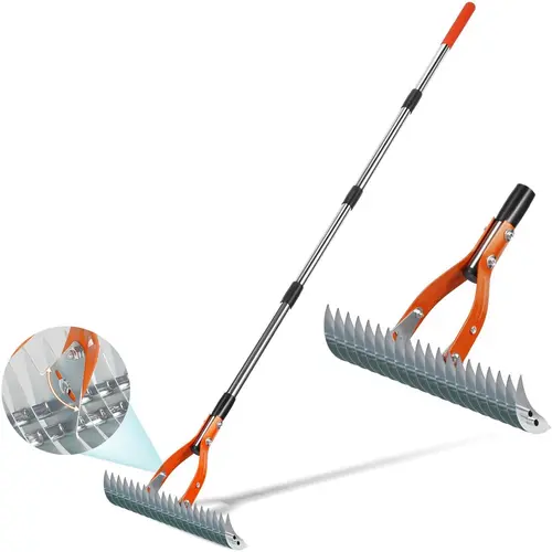 Yofidra 15-in Heavy Duty Aluminum Thatch Rake, 5-ft Adjustable 70-in Manual Soil Loosening Hoes & Rakes, 19-Tine Gardening Tool for Lifting Dead Grass & Yard Maintenance,toolupgrade