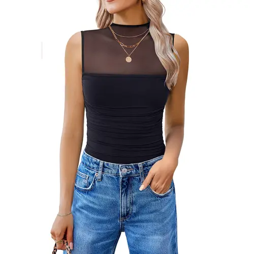 Avidlove Women's Mock Neck Mesh Bodysuit Ruched Tank Body Suits Top Sheer One Piece Going Out Tops Classy Outfits Elegant Womenswear Elegant Womenswear Basic Soft Slim Sleeveless Seamless Shapewear Tank Top Turtle, Fashion Apparel, Women's Fashion