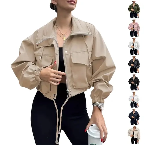 ASWULK Women's Cropped Jacket Zip Up Lightweight Oversized Utility Coat with Pockets for Spring and Fall Wear Adjustable Drawstring Snap Button Zipper