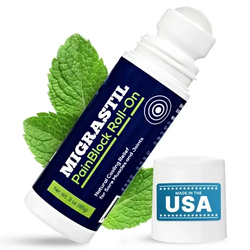 Migrastil PainBlock Cooling Roll-On for Aches & Soreness - 3oz Made in the USA Natural Relief Solution for Muscle Joints. HSA/FSA Eligible