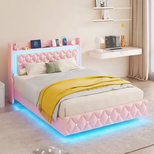 Queen /Full/Twin Bed Frame with LED Light, Upholstered Platform Twin Bed with Charging Station & Wingback, Diamond Tufted Storage Headboard & Footboard, PU Leather, No Box Spring Needed, White/Pink