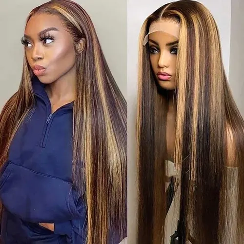 Hot Star Highlight Ombre Straight and Body Wave 13x6 HD Transparent Lace Front P4/27 Color Human Hair Wigs Pre Plucked for Women
