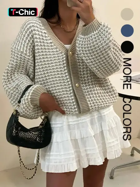 Women's V-Neck Long-Sleeve Sweater Cardigan, Thick Knit Loose-Fit Colorblock Design, Casual Everyday Fashion Outerwear for Fall and Winter