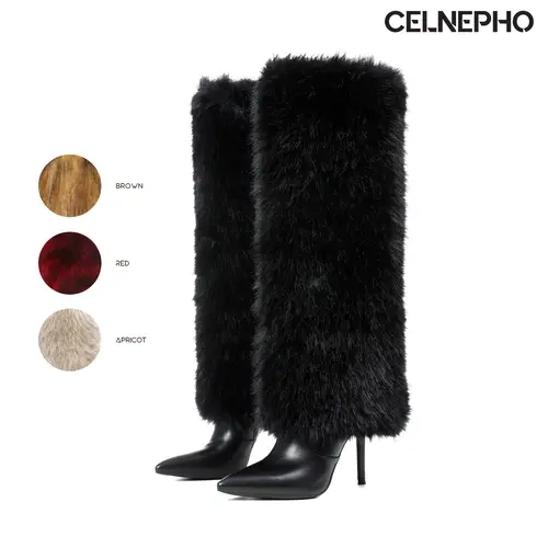 CELNEPHO Faux Fur Boots Knee High Boot Pointed Toe Stiletto High Heel Side Zipper Closure Easy Pull on Comfy Warm Cozy Party Wedding Gift Outdoor Events Dailywear Cosplay Fall Fashion Fluffy Long Tall Fold Over Dressy Shoes