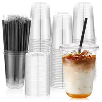 100-Pack 400ml Lightweight Transparent U-Cup Disposable Plastic Cups with Lids & Black Straws, Round-Bottom U-Shape Drinkware for Holiday Parties, Versatile for Any Beverage,sohochic
