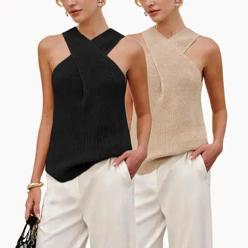 Tanming Women's Halter Cross Neck Knit Top - Shoulder Flattering Criss Cross Ribbed Tank Top Elegant Slim Fit Sleeveless Date Night Shirt,summerwins,summeroutfits,vacationoutfits,beachoutfits