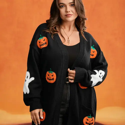BloomChic Plus Size Women's Knit Kimono Cardigan [M-6X], Long Sleeve Open Front Knitwear, Casual Pullover Tops with Embroidered Pockets, Cozy Fall Layering Tops，SohoChic