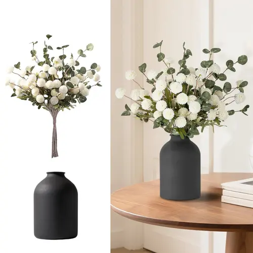 Artificial Flowers in Vase for Centerpieces: Vase with 12 Stems of Mums Kiku Flowers Eucalyptuses Faux Pom Poms Floral Arrangements for Kitchen Island Entryway Table