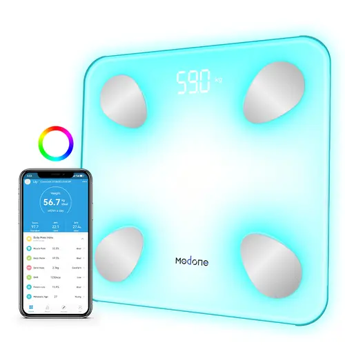 MODONE Smart Body Composition Scale - Digital Bathroom Scale with 7-Color Glowing Remote Display, Color Changing, Battery Powered, Customizable Multiple Body Composition Measurements, Smartphone App
