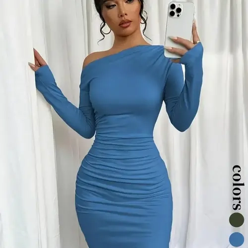 Elegant Ruched Asymmetrical Neck Long Sleeve Dress, Fashionable Women's Plain Dress for Special Occasions