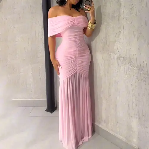 CHICME Foldover Off Shoulder Ruched Cinched Waist Minimalist Evening Slim Fit Mermaid Hem Dress Bump friendly fashion