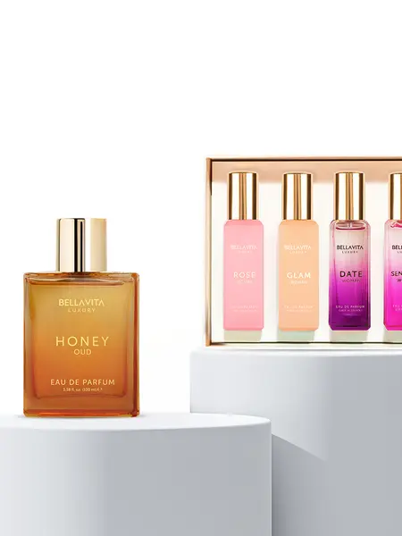 Midnight Mischief by BellaVita Luxury | Honey Oud EDP + 4x20ml Mini Perfumes | Women's Perfume Gift Set | Long-Lasting Floral, Spicy & Vanilla Fragrances | Vegan & Cruelty-Free