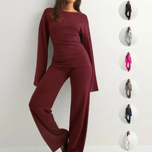 Women's New Fall Solid Fitted Round Neck Flare Sleeve Top & Elastic Waist Straight Leg Pants Loungewear Homewear Set, Long Sleeve Casual Basic Fashion for Daily Wear Outfit Suits Clothes