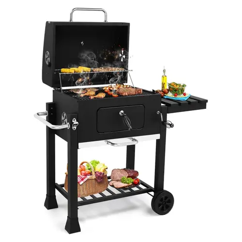 KARLHOME Large Barrel Portable Charcoal Barbecue Grill - 794 SQ.IN. Cooking Area, Adjustable Heat Adjuster Charcoal Tray, Foldable Side Table, Crank Handle, for Outdoor Patio Backyard Garden Party, Commercial Restaurant Furniture