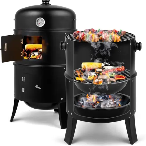 Zimtown Iron Vertical 17-in Barrel Charcoal BBQ Smoker Grill, 3-in-1 Portable Outdoor Cooker with Built-in Thermometer, Large Cooking Space, Sturdy Hooks for Camping, Backyard Barbecue