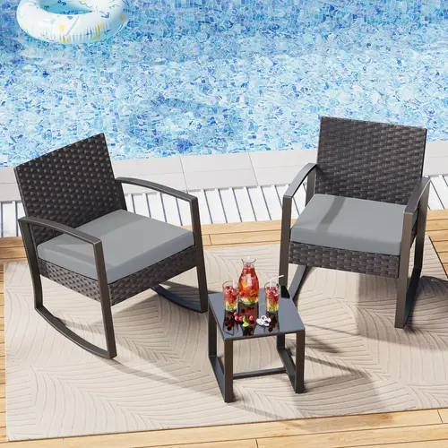 Gizoon 3-Pieces Outdoor Patio Furniture Set Rocking Bistro Set Outdoor Rattan Conversation with Coffee Table for Garden Balcony Backyard Poolside Ergonomic Design Durablr Steel Frame
