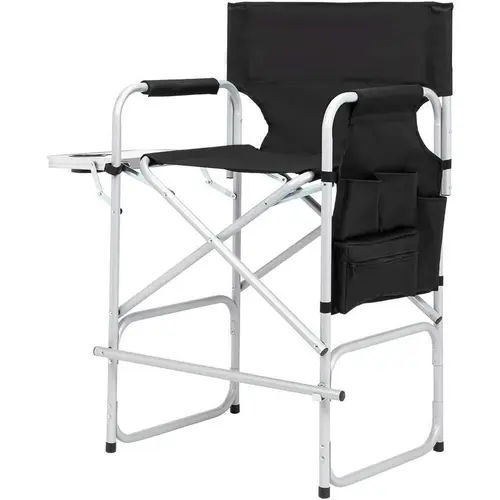 【Summervibes】Ubesgoo 26" Tall Bar Height Director's Foldable Vanity Chair for Makeup Artists, with Side Table, Storage Bag, Oxford Fabric, Glam Design, Supports 300Lbs, Portable Black Indoor Furniture