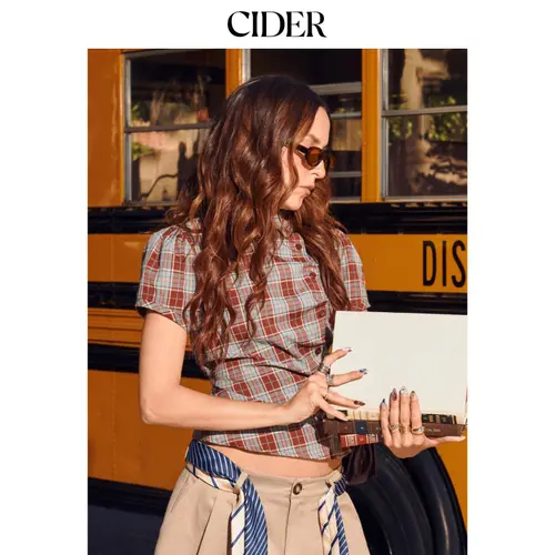 Cider Napoleonic Core Plaid Stand Collar Puff Sleeve Tie Back Button Blouse Napoleon