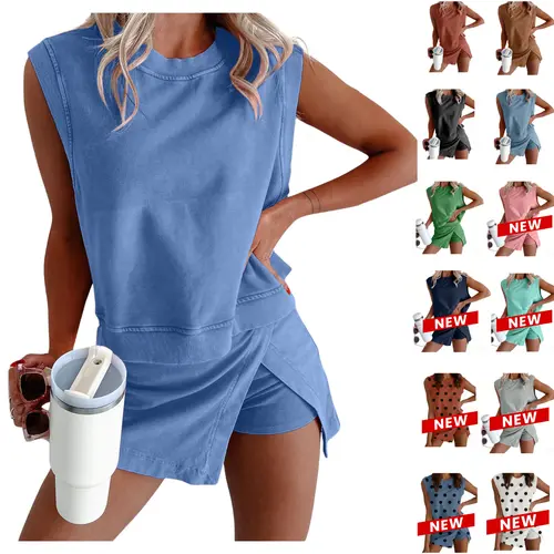 Yeokou Women's 2-Piece Washed Cotton Set - Fitted Basic Tank Top, Cute Side Slit Skort, Casual Summer Everyday Outfit for Women,sohochic