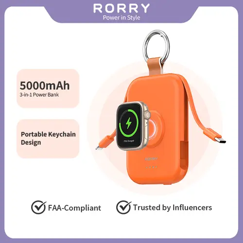 RORRY CharmGo Portable Charger 5000mAh Keychain Power Bank with Integrated Wireless Charging for Apple Watch & iPhone 17-11 Series Compact Travel Friendly Design Perfect Gift, Accessories, Mobile,