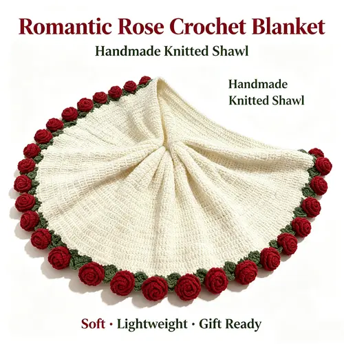 FADDISHDEAL Handmade Crochet 3D Rose Round Blanket - Soft Lightweight Floral Edge Decorative Throw for Sofa,Bed - Christmas Gift Ready Gifts for Girlfriend,Loved Ones, Crochet Inspo, Cozy Aesthetic,sohochic