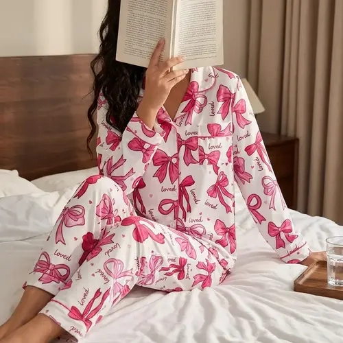 Two-piece Set Women's Christmas Print Button Front Pocket Shirt & Elastic Waist Pants Pyjama, Casual Comfy Long Sleeve Collared Top & Trousers Pajama Set, Women's Sleepwear for Spring & Fall, Casual Home Loungewear