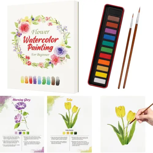 SkilLify Watercolor Flowers Sketchbook & Paint Kit - Beginner Arts & Crafts Set for Adults/Teens with 12-Color Paints, Brush, Guided Steps, Valentine's Day Gift
