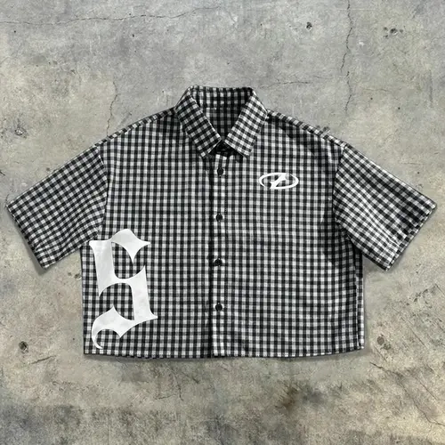 Men's Plaid Checked Graffiti Hand-Drawn Gothic Print Short Sleeve Button Shirt, Summer Vacation Casual Fashion, Classic, Street Style, Vibe, Vintage, Trendy, Streetwear Shirts, Menswear