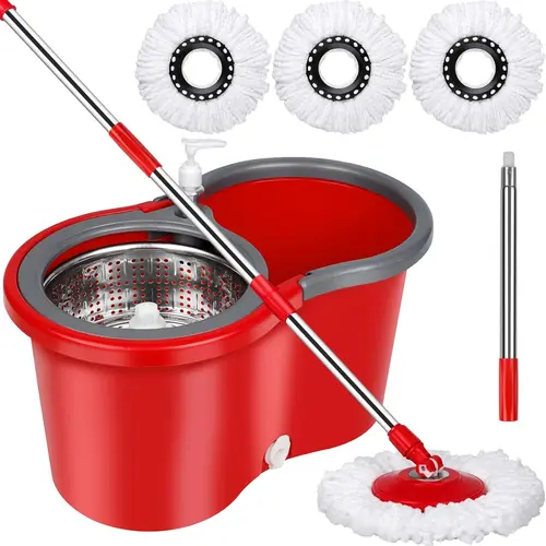 Red Spinning Mop and Bucket Set with Wring System, 3 Absorbent Microfiber Mop Heads, Adjustable Stainless Steel Pole for Vinyl, Hardwood Floor Cleaning Home Supplies Bundle