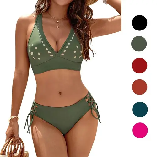 Blooming Jelly Women's Bikini Set Two Piece Swimsuit Modest Bathing Suit Petal Hollow V Neck Top String Mid Rise Bottom Swimming Suit #SwimWeek #Summervibes
