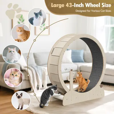 Segawe Large Natural Wood Cat Exercise Wheel - 43x14.6x44.9in Indoor Treadmill, 40lb Capacity, Solid Wide Base Steady Design, Enhanced Safety Lock, Paw Guard, Cute Fish Lock Stops for Naps, Safe Spin for Active Play