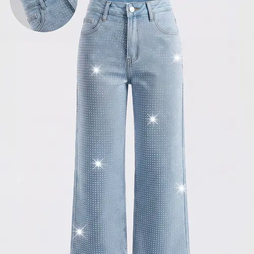 Women's Elegant High-Waisted Wide-Leg Denim Jeans, with Rhinestone Embellished, All-Season Fitted Woven Fabric Fashion Pants, Style, Trouser, Womenswear, Chic, Aesthetics, Bottom, Bling Jeans