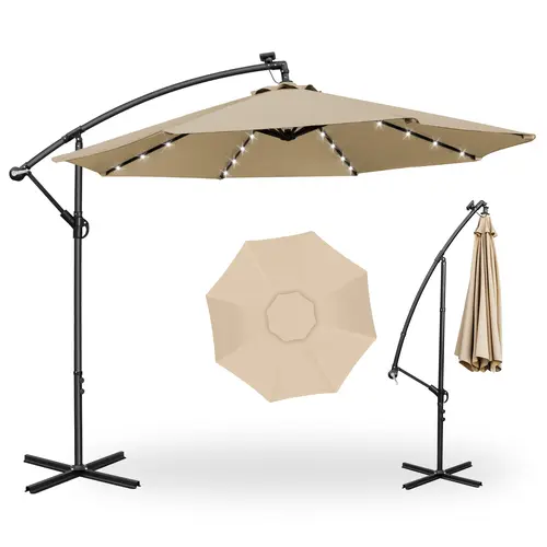 10ft Solar LED Offset Patio Umbrella, Aluminum Polyester Solar Umbrella with w/Tilt Adjustment for Backyard and Poolside - Enhanced Outdoor Ambiance and Shade