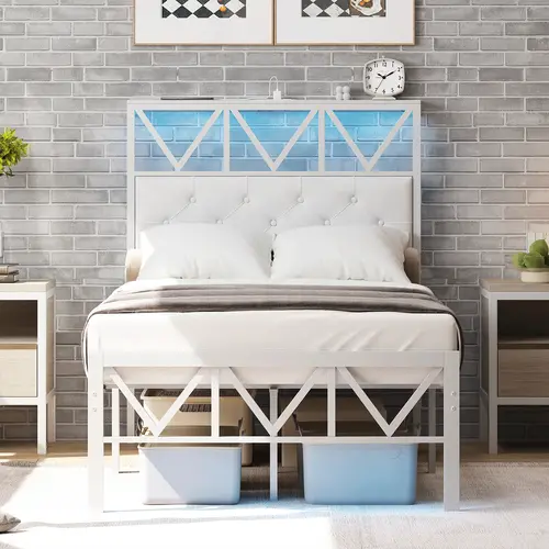 CollaredEagle Twin/Full Alloy Metal Platform Bed Frame - Twin Bed Frame with Steel Slats, Upholstered Headboard, Storage Shelves, Charging Ports, LED Lights, Easy Setup, Heavy-Duty, No Box Spring Needed