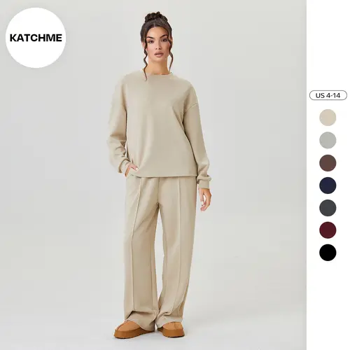 KatchMe Women's Casual Solid Color Loose Long Sleeve Top & Exposed Stitches Trousers Co-ord, Soft Lightweight Round Neck Top & Wide Leg Trousers Two Piece Outfits