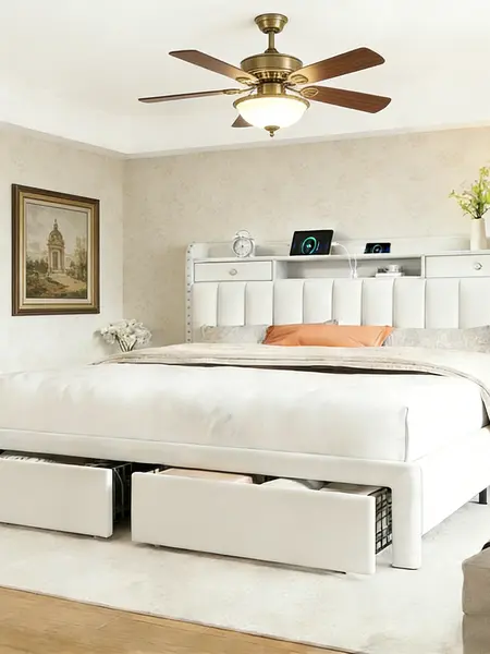 TryLazy Upholstered  Bed Frame with 4 Storage Drawers No MATTRESS Queen Size Wood Slats Holds 900lbs No Noise No Box Spring Needed USB Socket