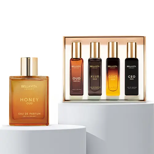 Timeless Legacy by BellaVita Luxury | 4x20 ml Men’s Luxury Mini Perfume Set & Honey Oud EDP | Luxury Unisex Perfume for Men & Women | Long Lasting, Floral, Spicy & Woody Notes | Luxury, Vegan & Cruelty Free Eau De Parfum | Travel-Friendly Miniature