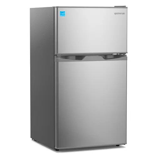 Upstreman 3.1 Cu.Ft Double Door Top Freezer Refrigerator - Stainless Steel Mini Fridge, 1 Cu.Ft Freezer, Adjustable Thermostat, Quiet Efficient, LED Light, Removable Shelves, Crisper Drawer, 110v-120v Energy Saver, for Dorm, Office, Small Spaces, Removabl