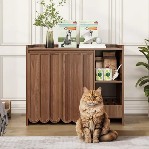 [SohoChic] Vabches Enclosed Litter Box Furniture, Large Wooden Cat House Cabinet with Removable Collector, Dog-Proof Shelf, Side Table, and Automatic Litter Box Compatibility